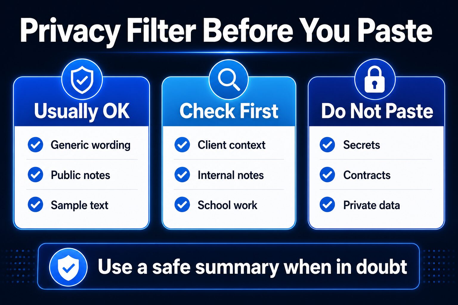 AI-generated privacy filter showing what text is usually OK, check first, or not safe to paste into AI writing tools.