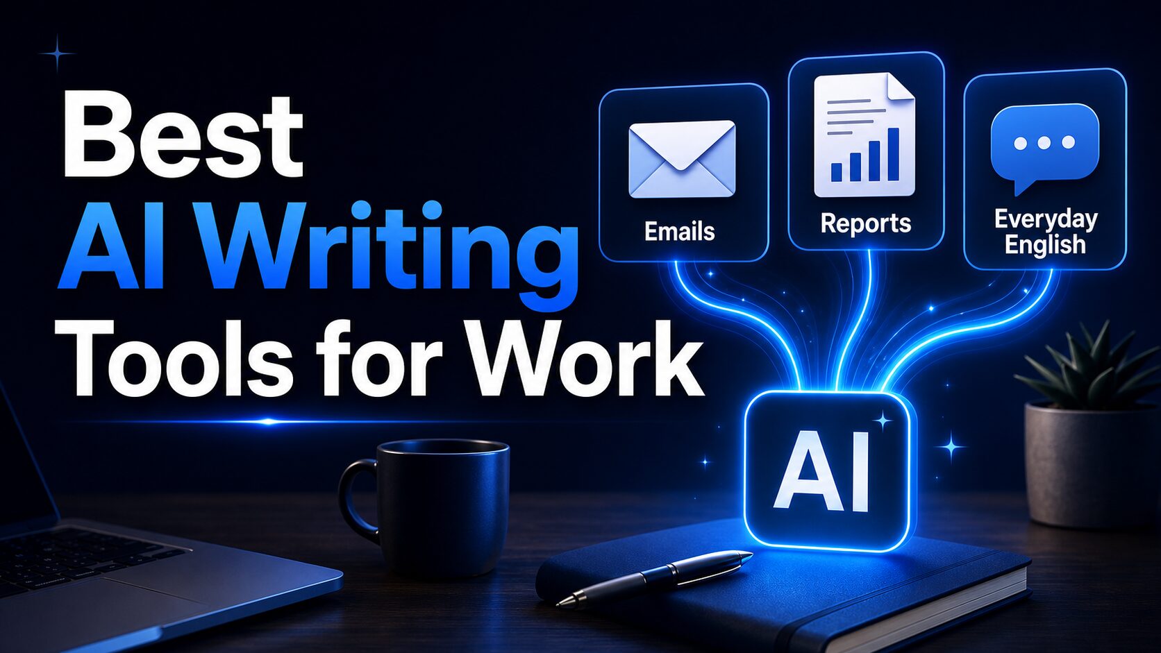 AI-generated thumbnail with text for best AI writing tools for work.