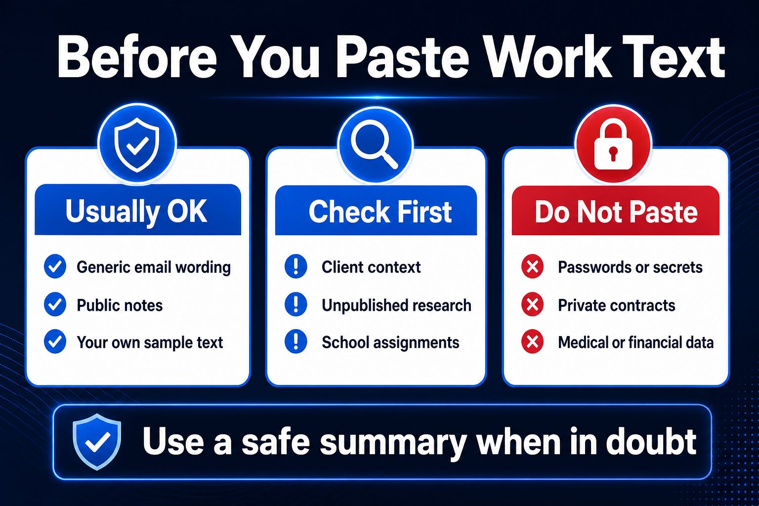 AI-generated privacy filter showing what work text is usually OK, check first, or not safe to paste into a grammar checker.