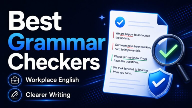 AI-generated thumbnail with text for best grammar checkers for workplace English.