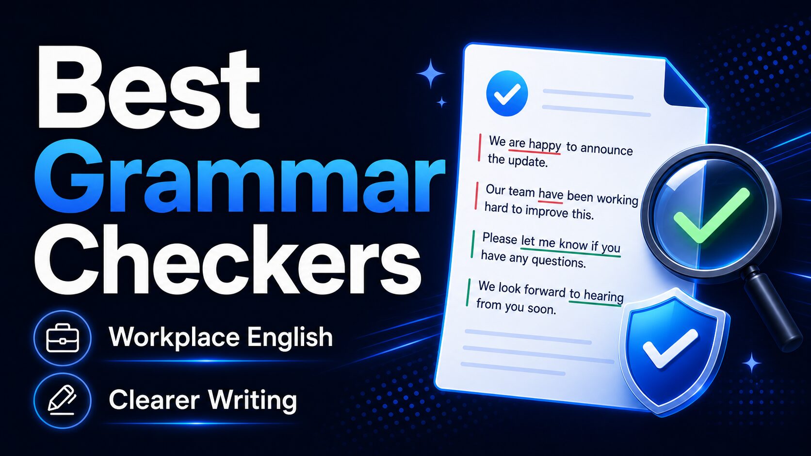 AI-generated thumbnail with text for best grammar checkers for workplace English.
