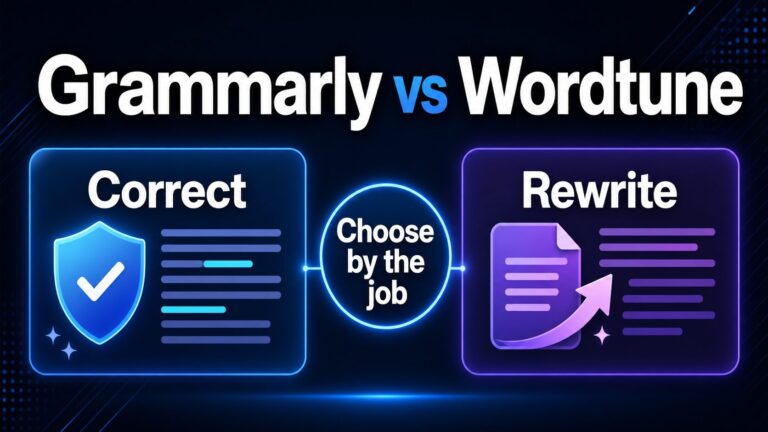AI-generated thumbnail with text comparing Grammarly and Wordtune for correction and rewriting.