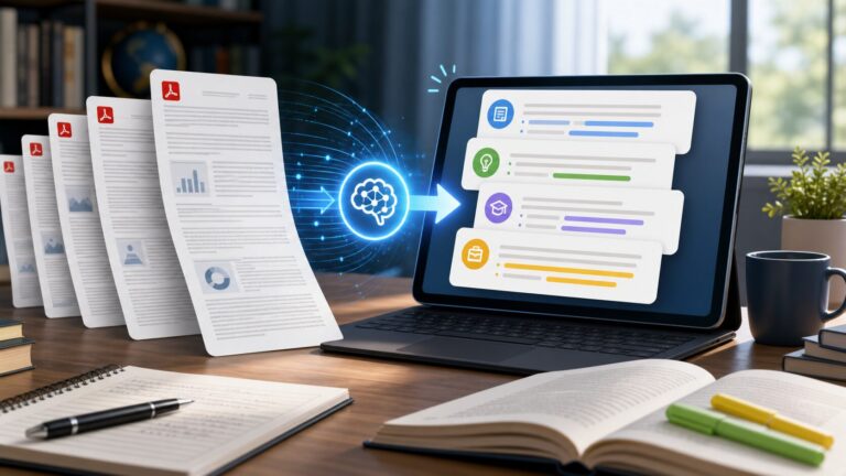 AI PDF summarizer thumbnail showing long documents turning into concise notes