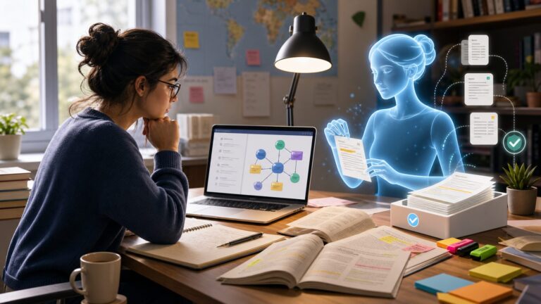 Graduate student workspace with an AI research assistant organizing papers and evidence cards.