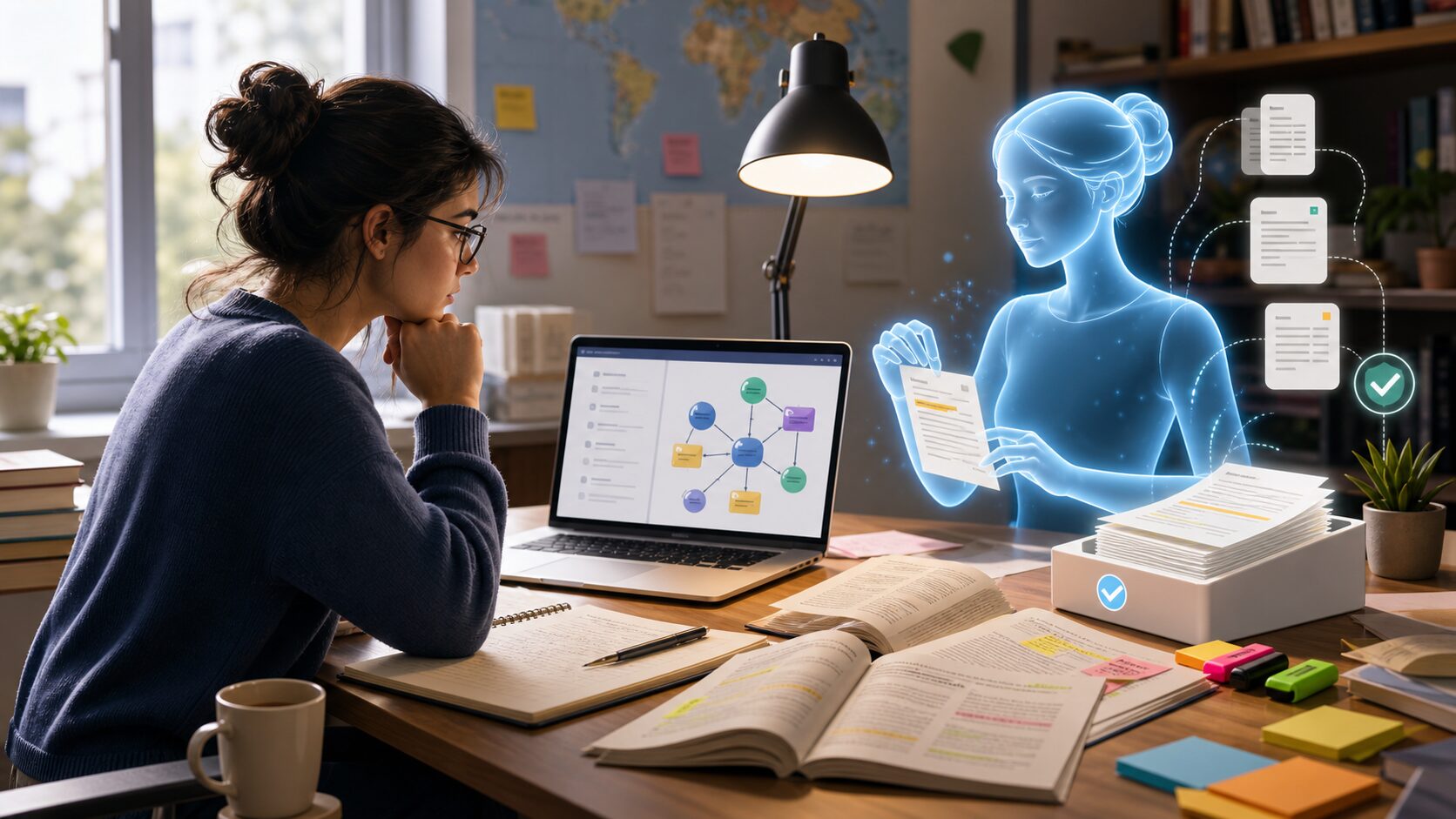 Graduate student workspace with an AI research assistant organizing papers and evidence cards.