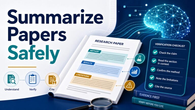 Illustration of a research paper, AI signal, and verification checklist for summarizing papers safely