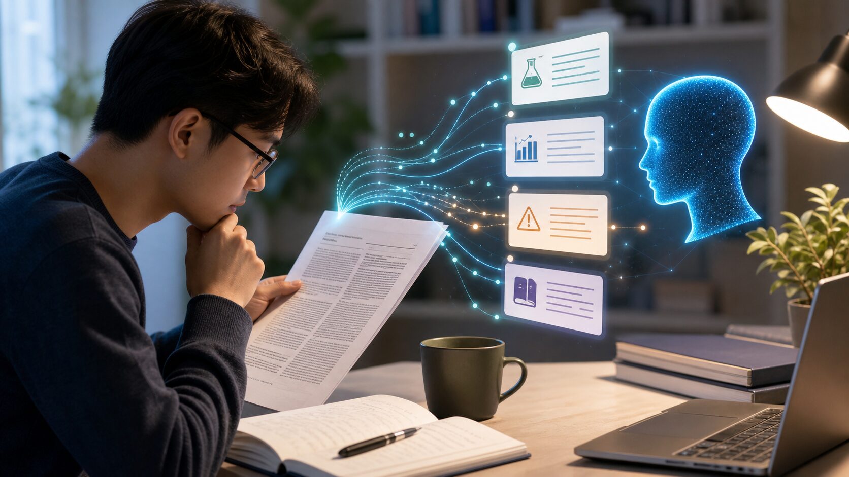 Graduate student reviewing an academic paper while an AI assistant organizes findings limitations and citations into notes.