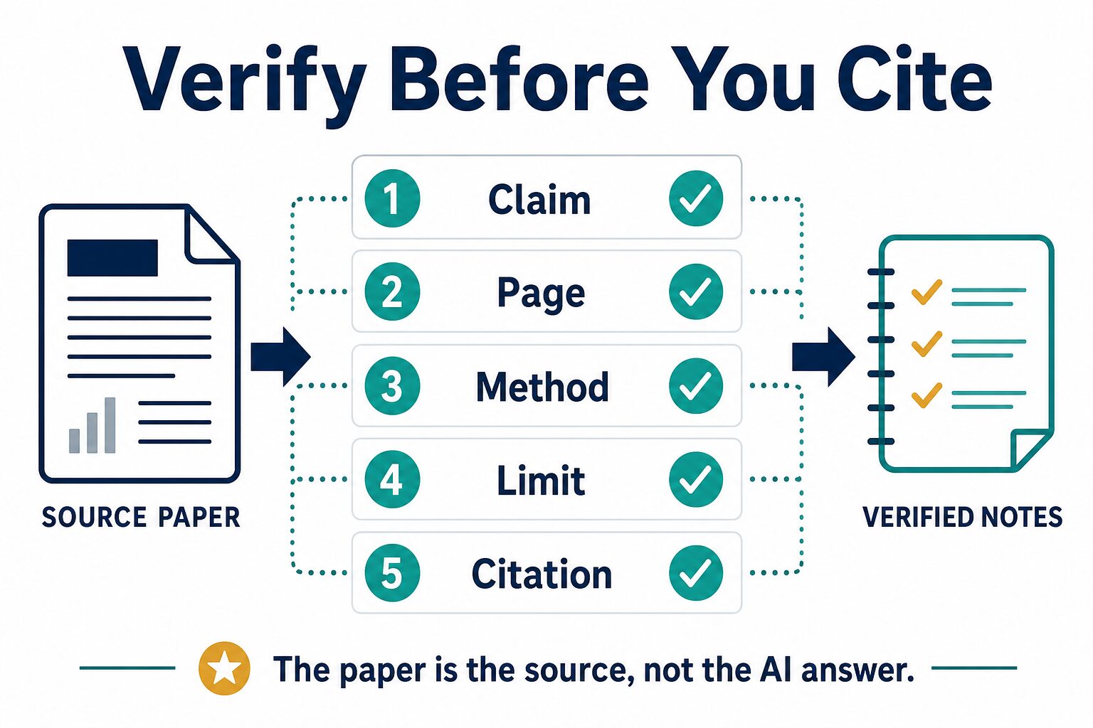 Verification checklist for AI paper summaries: claim, page, method, limit, and citation.