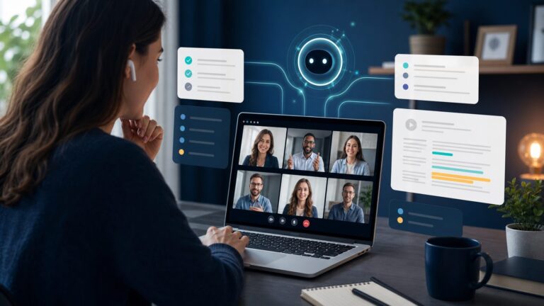 Remote worker using an AI meeting assistant to organize video meeting notes and action items