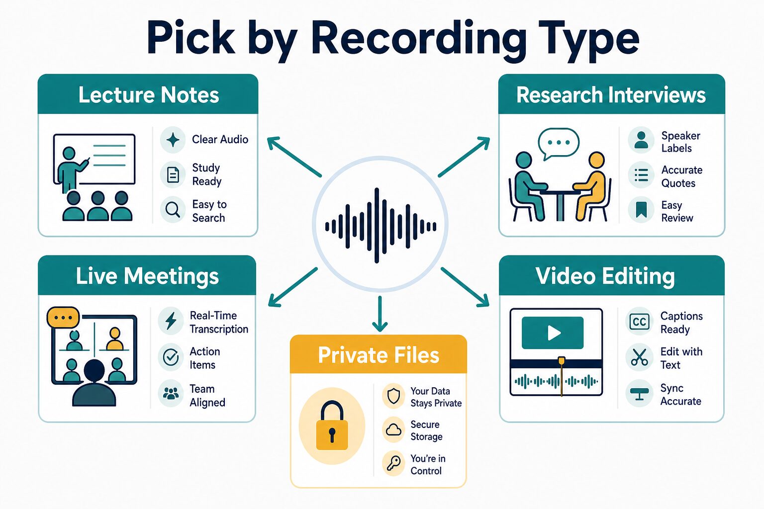 Decision map for choosing transcription software by recording type including lectures interviews meetings video editing and private files
