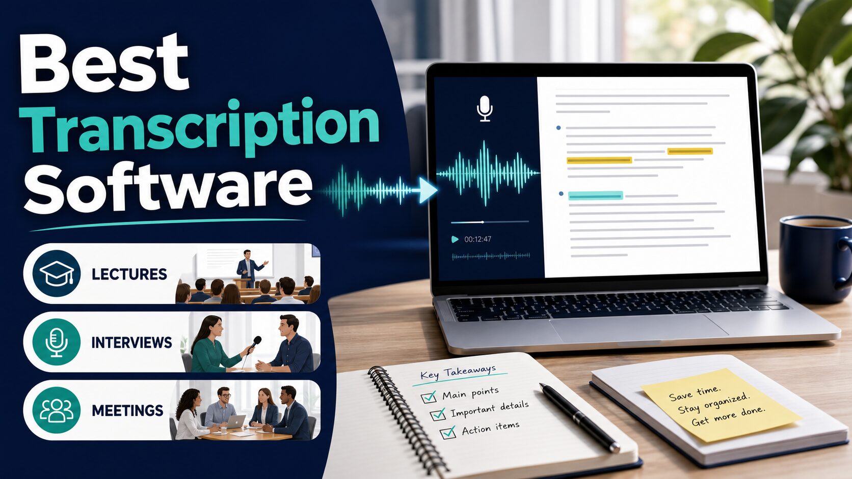 Best transcription software article thumbnail showing audio turning into organized notes for lectures, interviews, and meetings