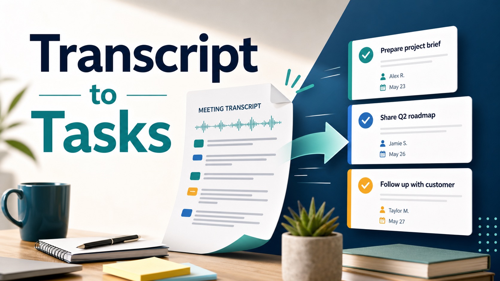 Transcript to Tasks article thumbnail showing a meeting transcript becoming organized action cards