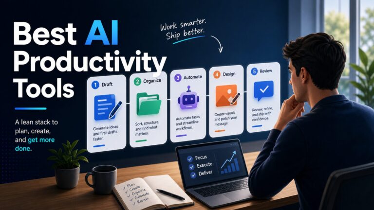 Solo operator choosing a lean AI productivity tool stack across drafting, organizing, automation, design, and review