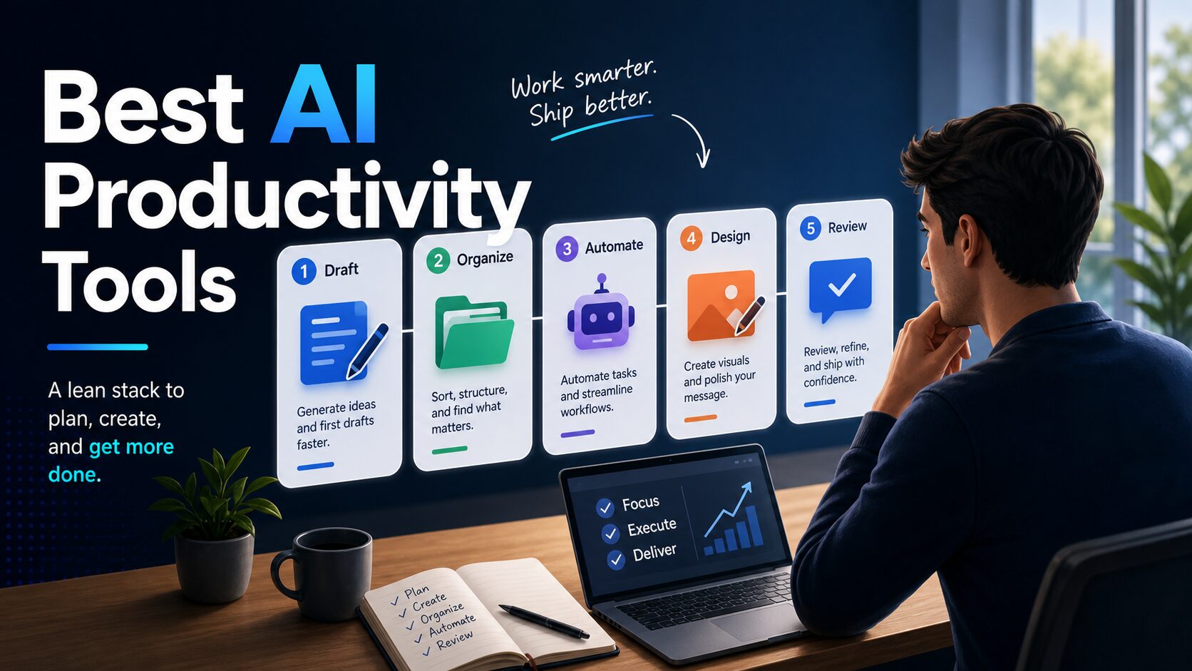 Solo operator choosing a lean AI productivity tool stack across drafting, organizing, automation, design, and review