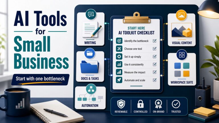 AI tools for small business thumbnail showing a bottleneck-first toolkit checklist