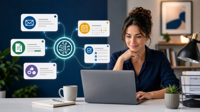 Small business owner using AI to manage writing, calendar, invoices, and admin tasks