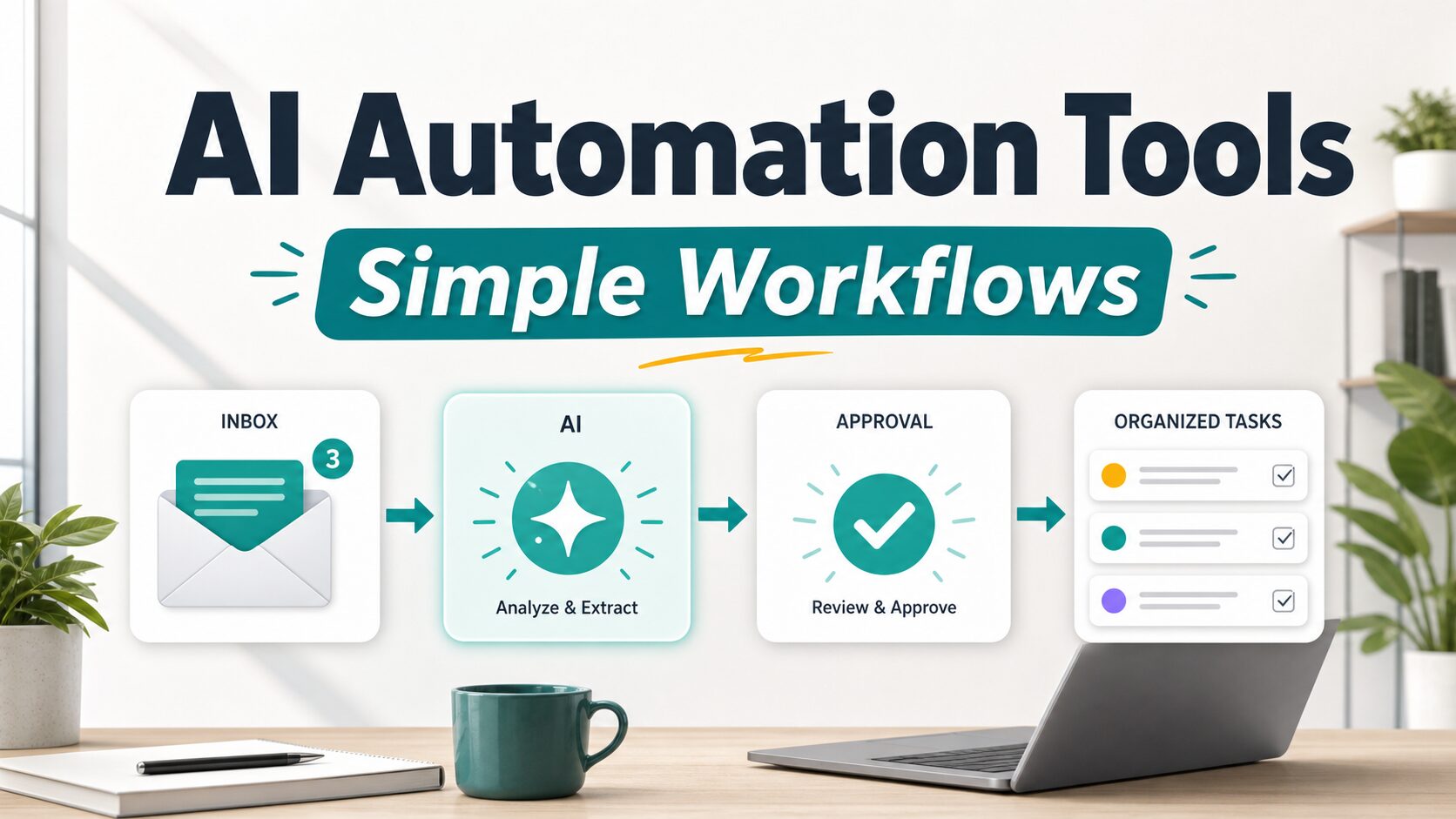 AI automation tools thumbnail showing a simple workflow pipeline from inbox to approval to organized tasks