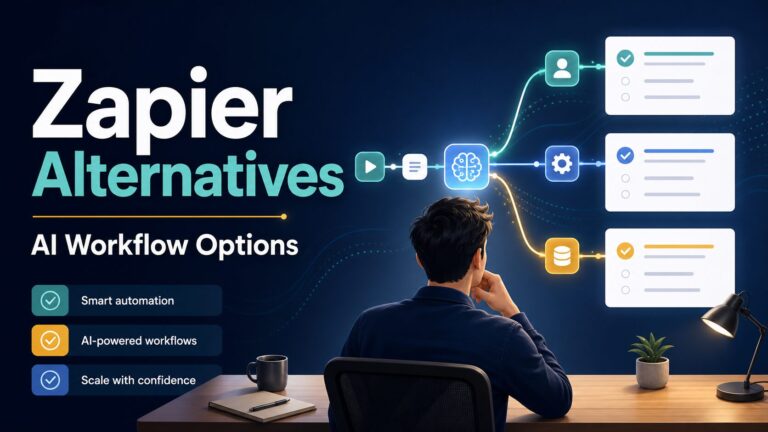 Zapier alternatives thumbnail showing a solo operator choosing AI workflow paths