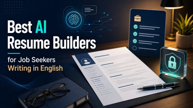 AI resume builder article thumbnail with resume document, checklist, AI assistant icon, and privacy lock.