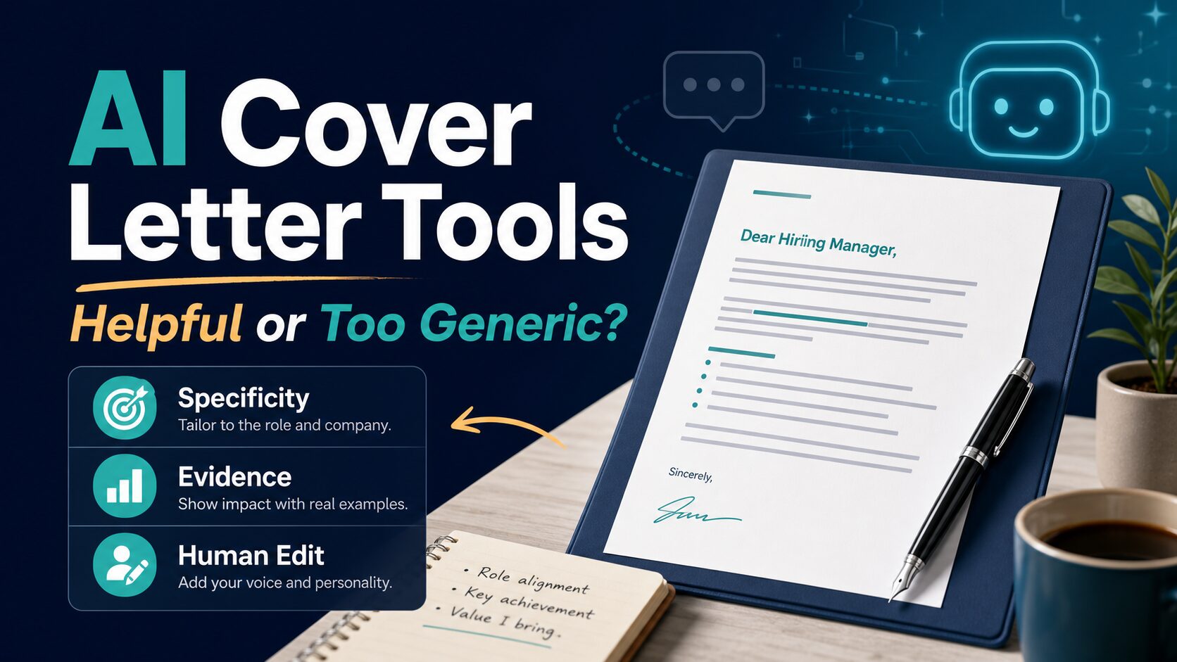 AI cover letter tools thumbnail showing a job seeker reviewing an AI-assisted cover letter with specificity evidence and human edit checklist
