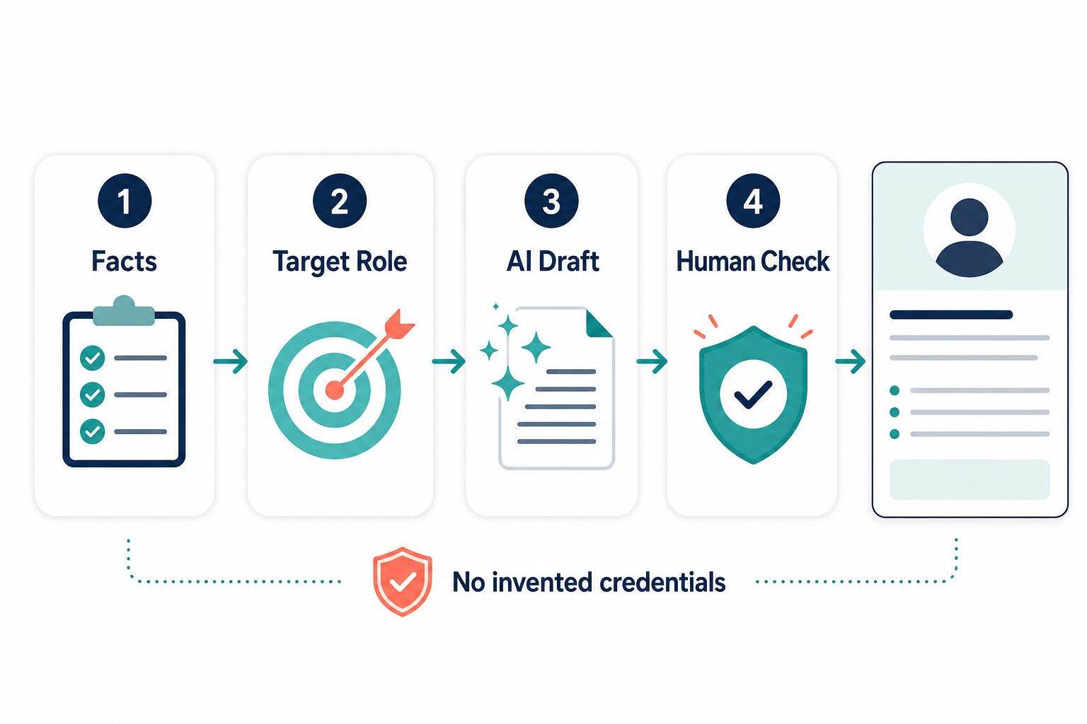 Four step workflow for improving a professional profile with AI: facts, target role, AI draft, human check, no invented credentials