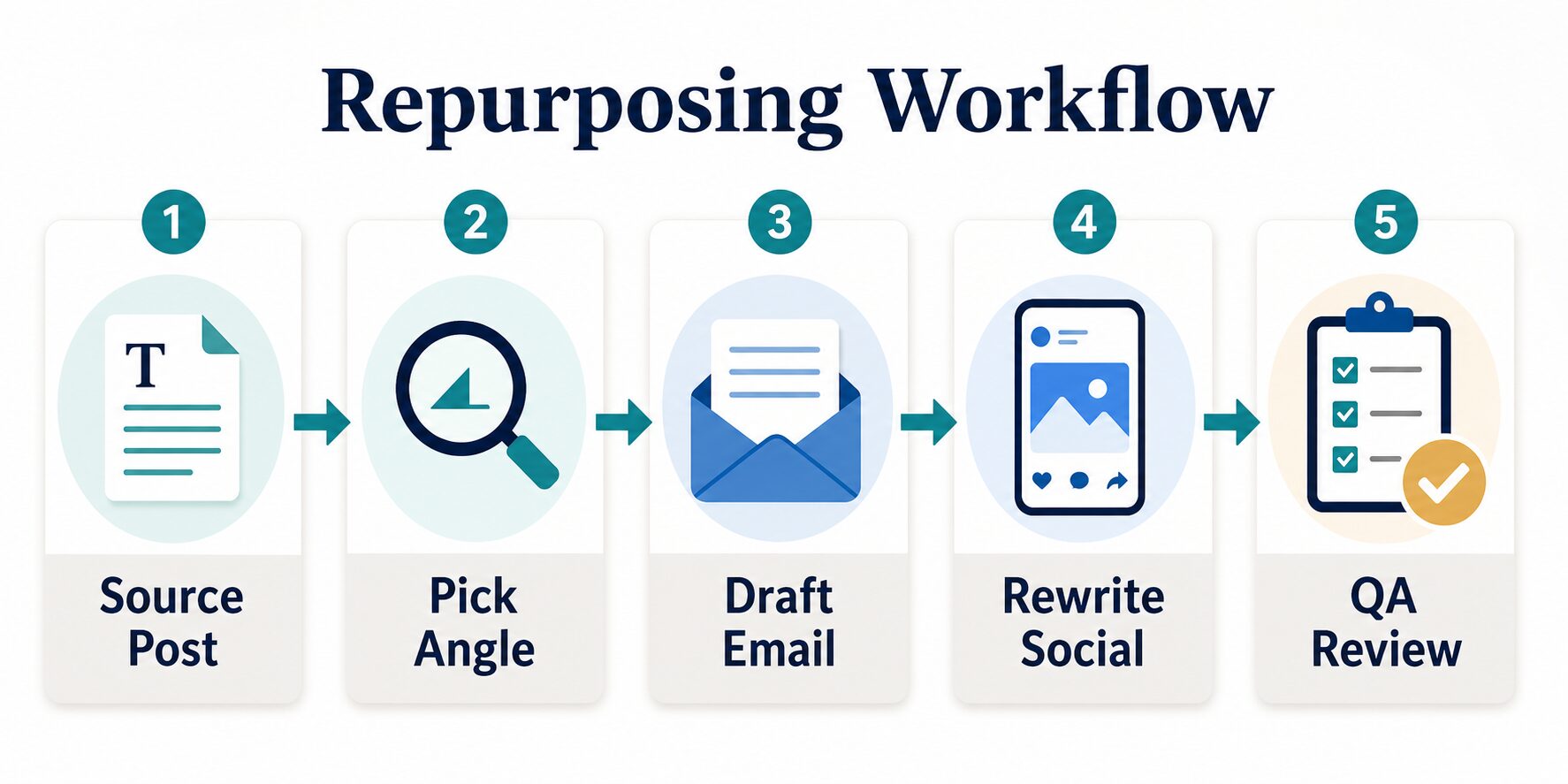 Five-step AI content repurposing workflow from source post to QA review
