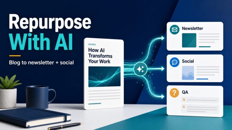 AI content repurposing thumbnail showing a blog post transformed into newsletter and social posts
