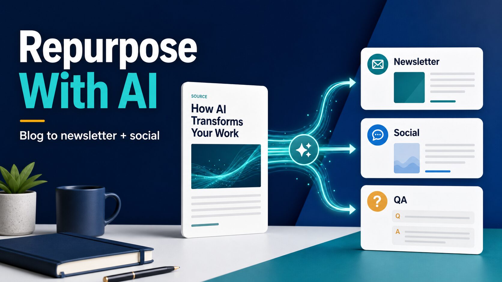 AI content repurposing thumbnail showing a blog post transformed into newsletter and social posts