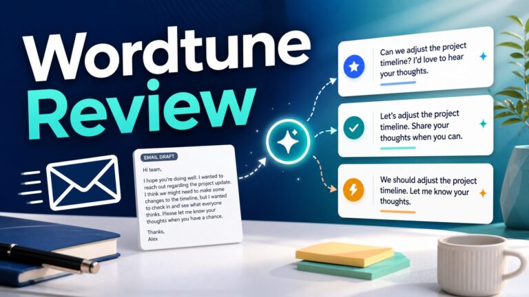 AI-generated thumbnail for a Wordtune review focused on rewriting work emails