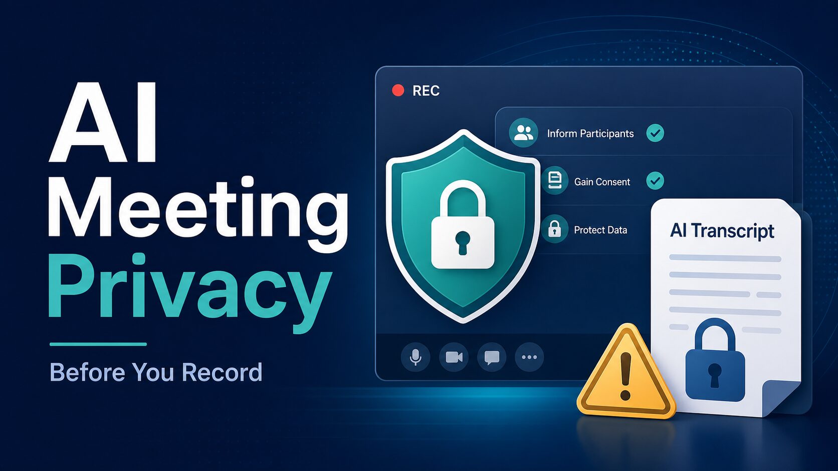 AI meeting privacy thumbnail with a shield, locked transcript, recording indicator, and caution symbol