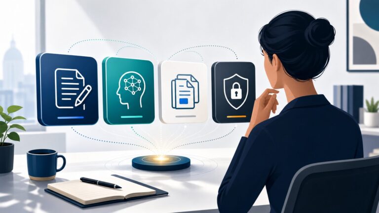 Editorial illustration of a professional choosing a compact AI tool stack for writing thinking sources and privacy