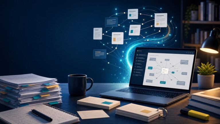 Editorial illustration of graduate research papers and AI-assisted literature mapping