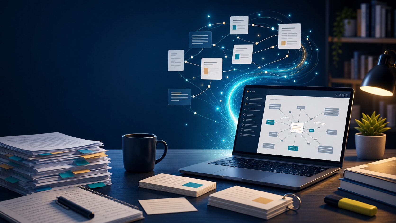 Editorial illustration of graduate research papers and AI-assisted literature mapping