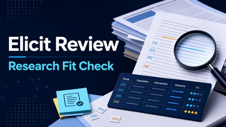 Elicit review thumbnail with research papers, citation markers, magnifying glass, and evidence table