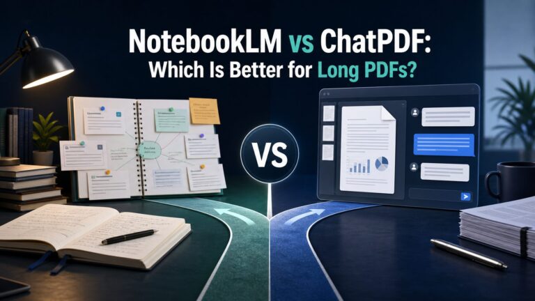 Editorial comparison image showing a research notebook path and a PDF chat path for long document reading
