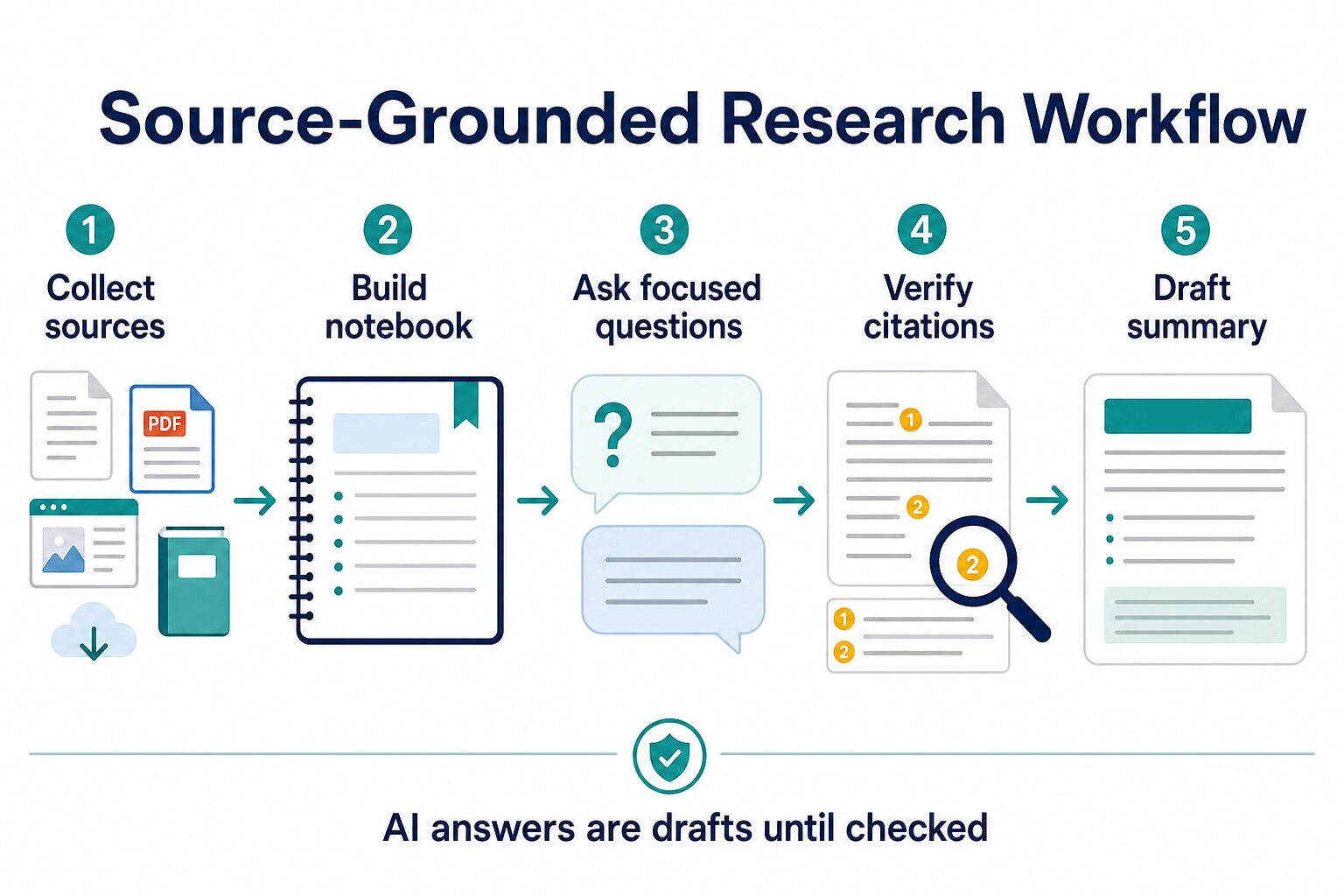Source grounded research workflow from collecting sources to drafting a checked summary