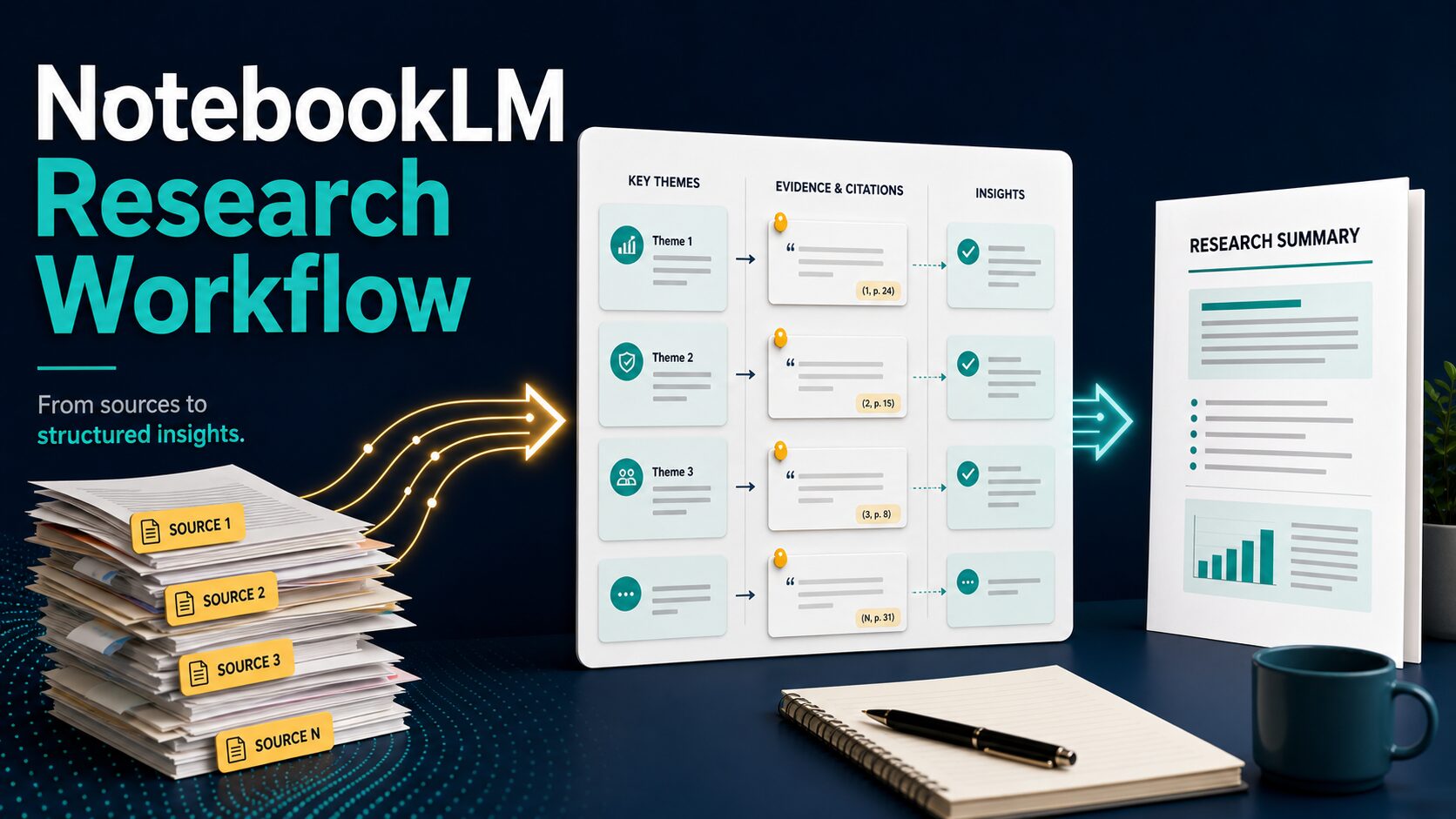 NotebookLM research workflow thumbnail showing sources becoming structured insights