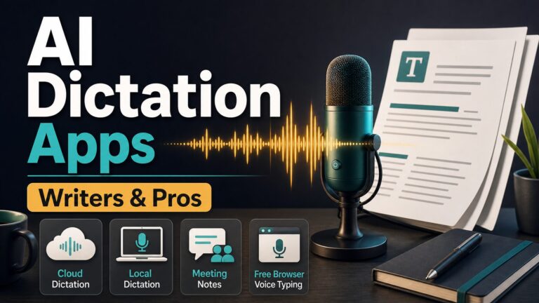 AI dictation apps thumbnail with microphone, waveform, and document pages