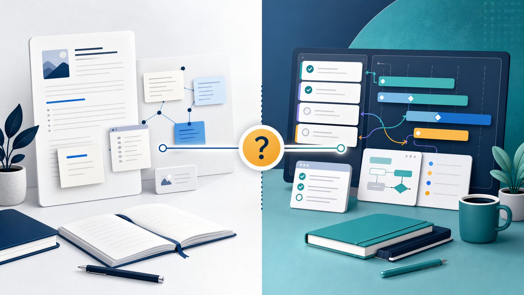 Abstract split workspace illustration comparing document notes and project task boards