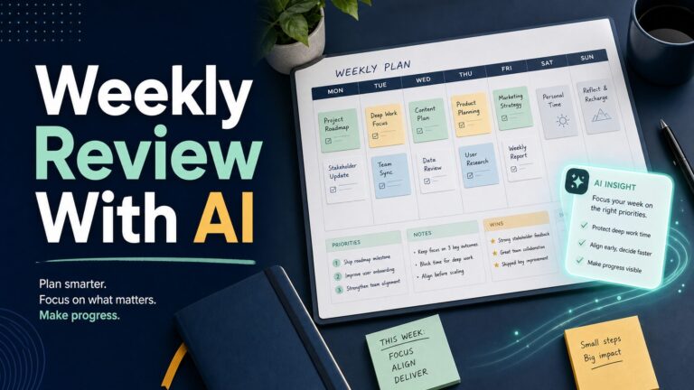 Weekly review with AI thumbnail showing a weekly plan and AI insight card