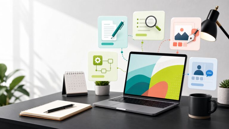 A clean workspace showing a practical free AI tool starter stack for writing, research, design, automation, and meetings