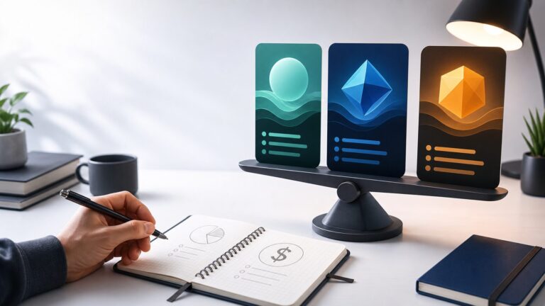 Abstract thumbnail showing three AI subscription cards balanced against a work budget notebook