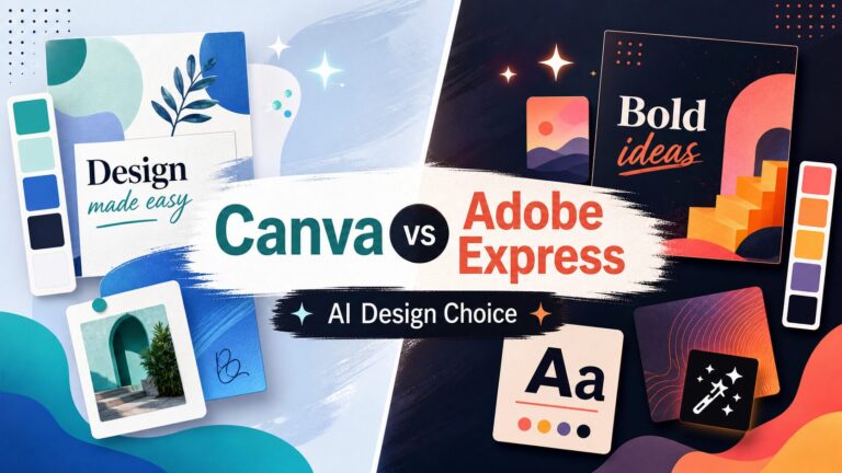 Editorial thumbnail for a Canva versus Adobe Express AI design tool comparison.