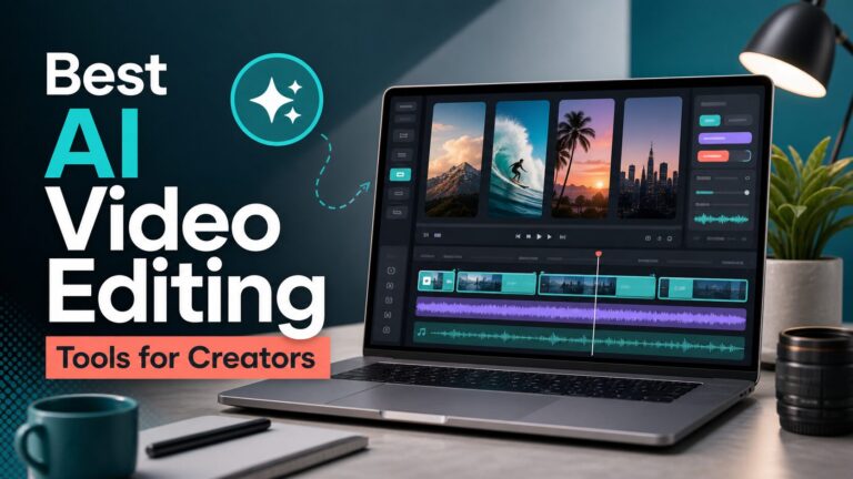 Best AI video editing tools for creators thumbnail showing an abstract editing workstation