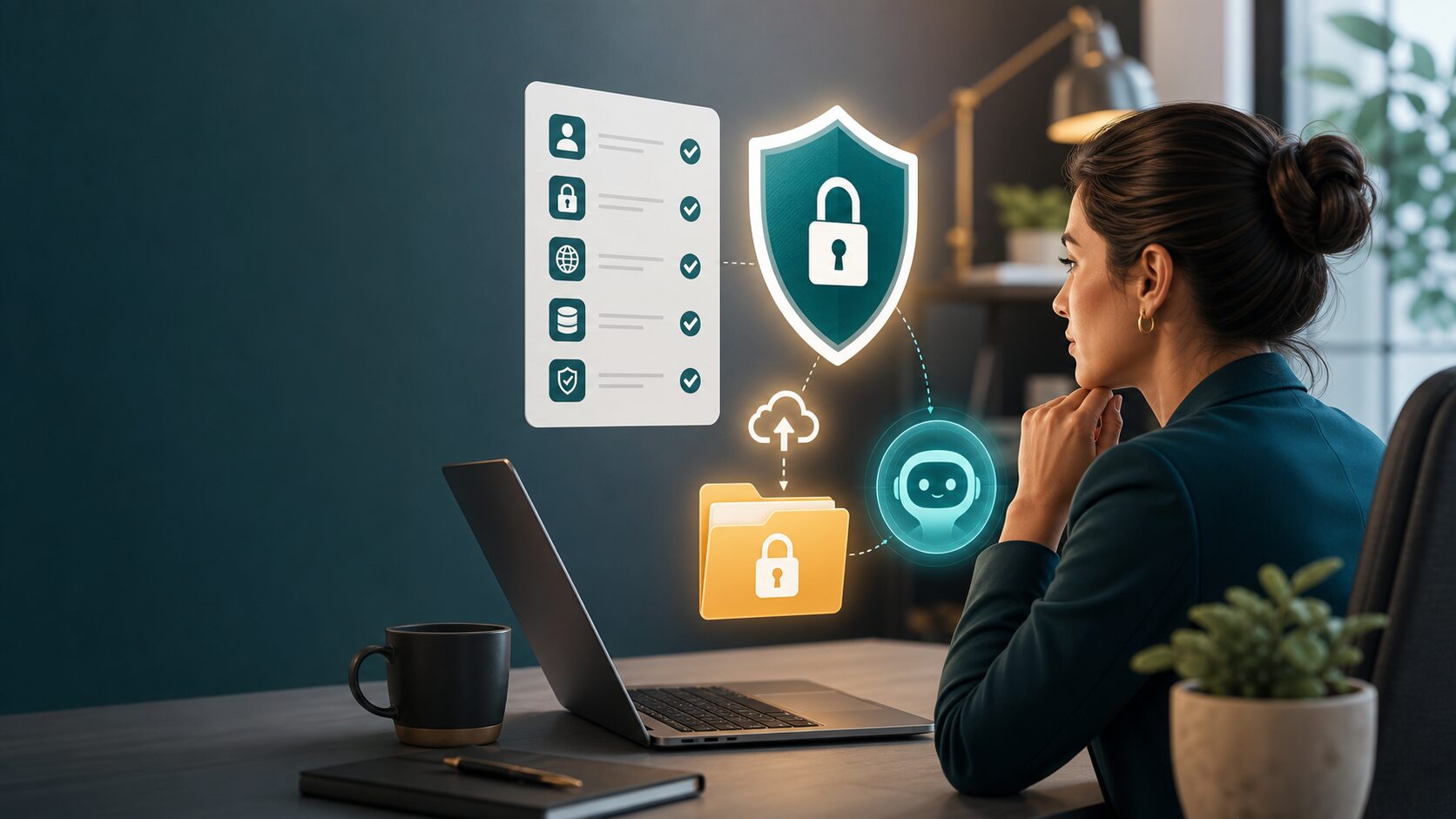 Professional reviewing an AI privacy checklist before uploading files