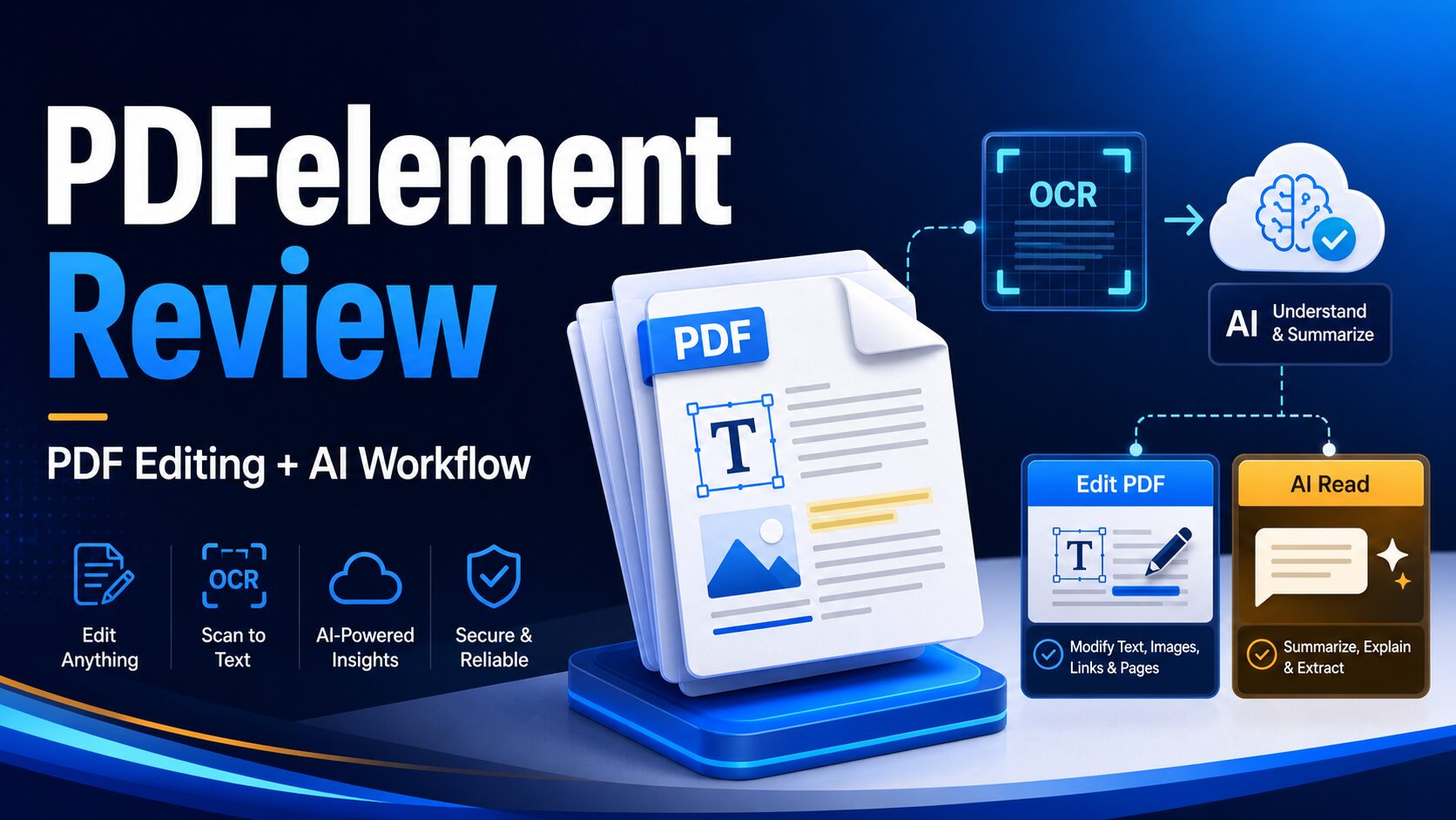 PDFelement review thumbnail showing PDF editing OCR and AI workflow concepts