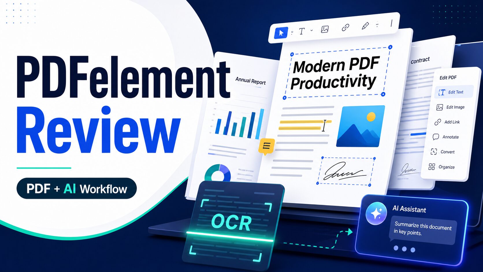 Wondershare PDFelement review thumbnail showing PDF editing OCR and AI workflow concepts