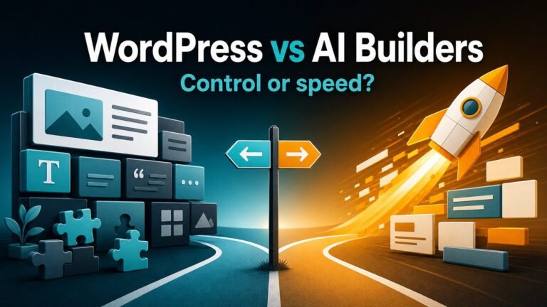 WordPress vs AI builders thumbnail showing control or speed decision for small teams