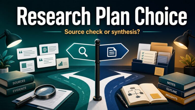 Research plan choice thumbnail showing source checking versus synthesis for paid AI research plans