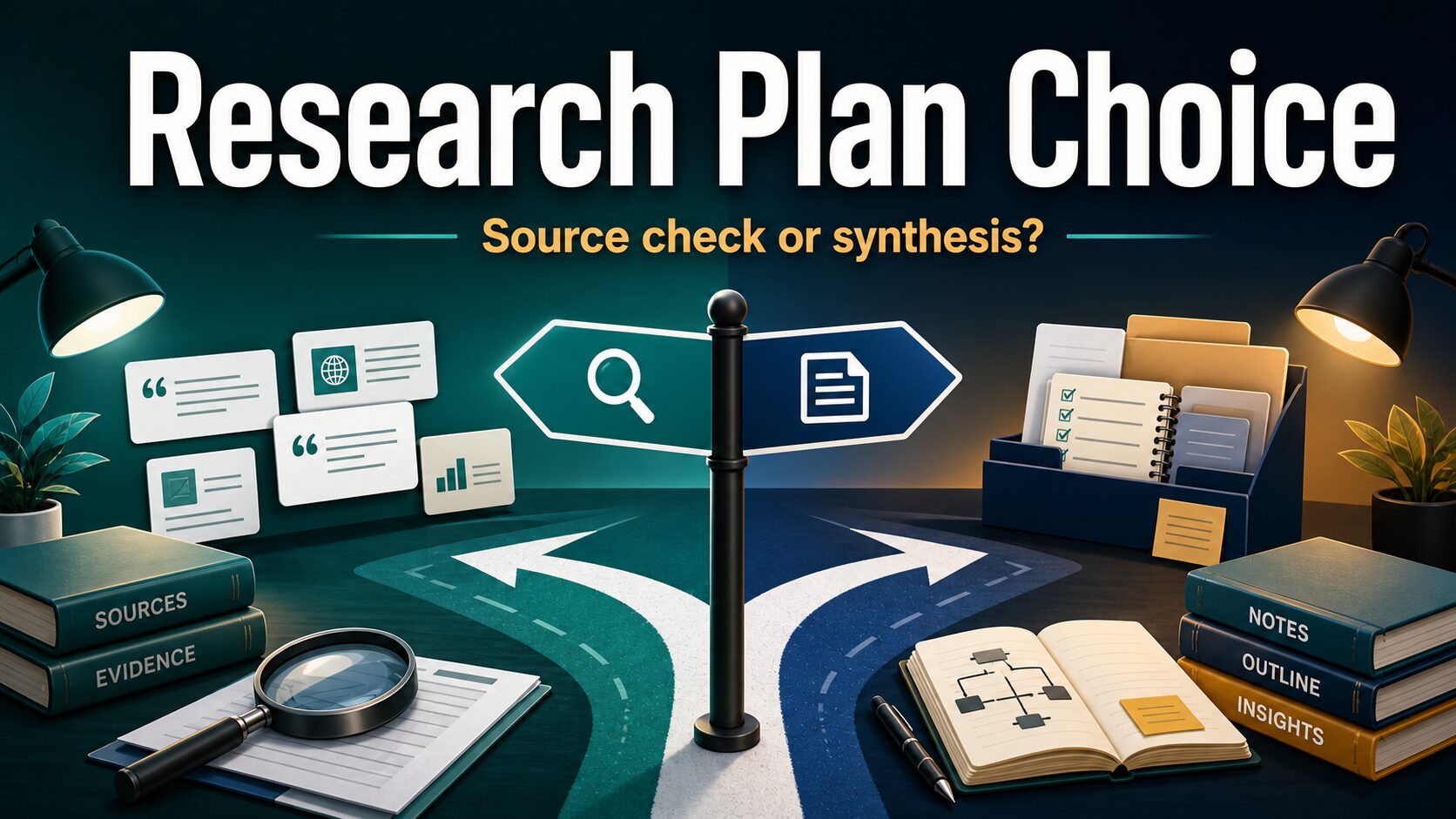 Research plan choice thumbnail showing source checking versus synthesis for paid AI research plans